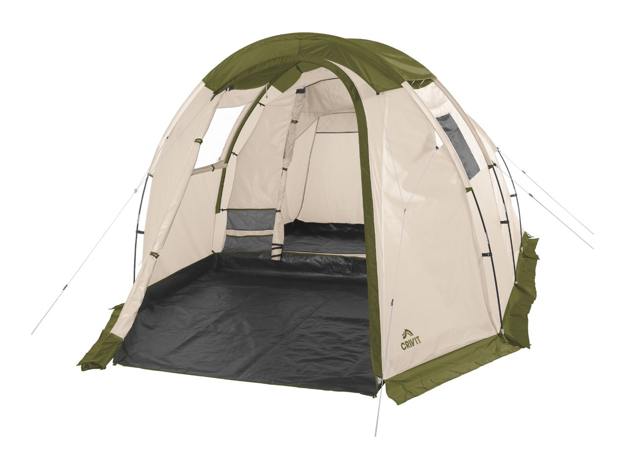 A beige and olive green camping tent with an open front, showing the dark grey floor and interior.