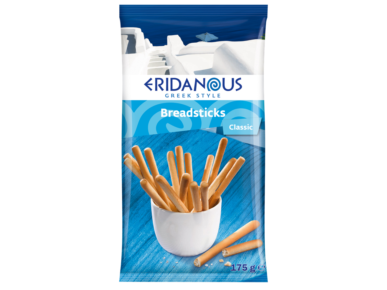 Пакет гръцки хлебни пръчици с класически вкус, изобразяващ бяла гръцка архитектура.