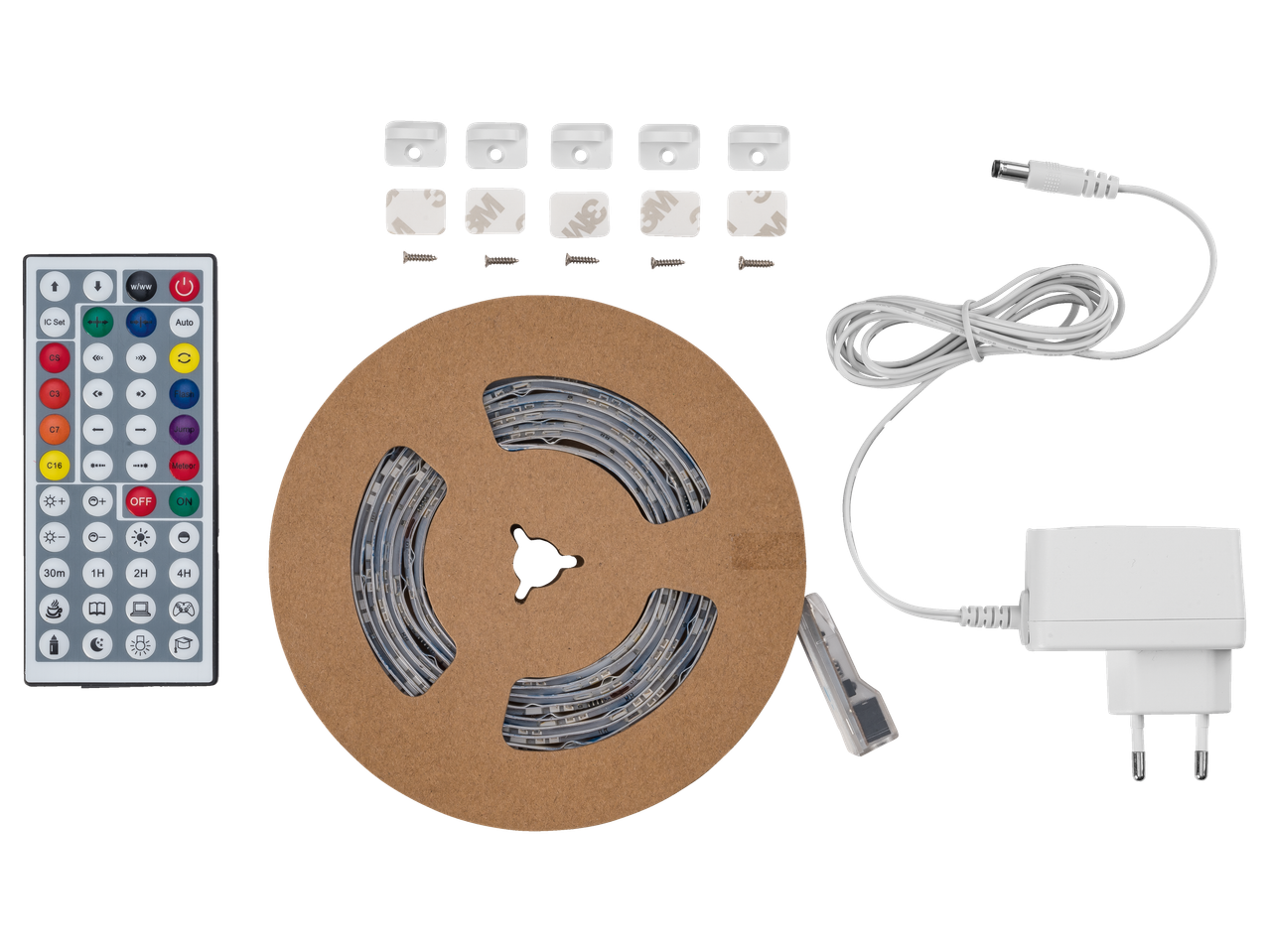 Kit de lumini LED RGB cu telecomandă, adaptor de alimentare și accesorii de montaj.