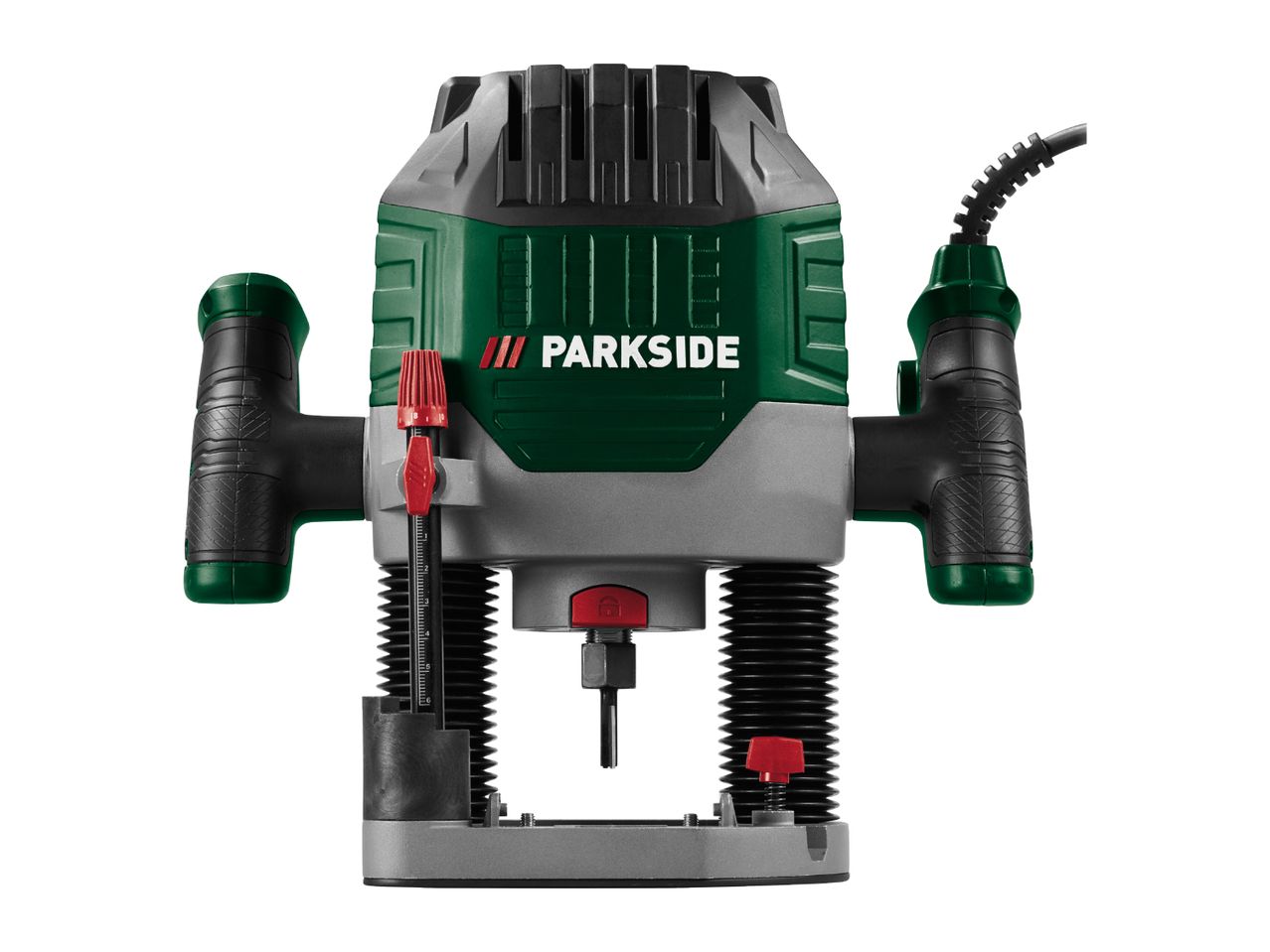A green and grey plunge router with black handles and a red depth adjustment knob.