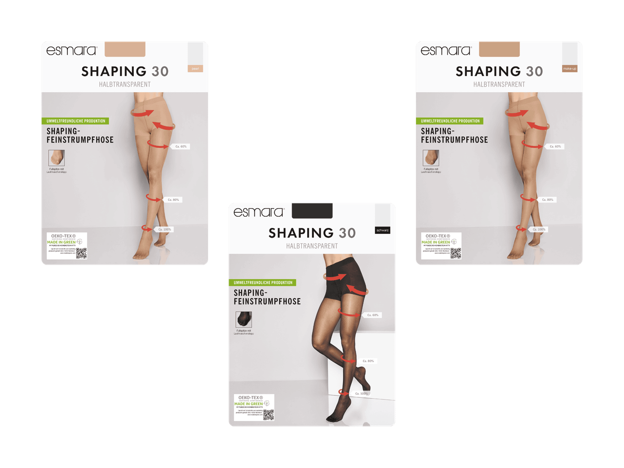 Verpackungen von Esmara Shaping-Strumpfhosen in verschiedenen Farbtönen, mit Details zu den Eigenschaften.