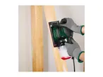 Person in gloves sanding a wooden beam with a Parkside orbital sander.