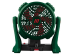 Ventilador portátil verde com pás vermelhas.