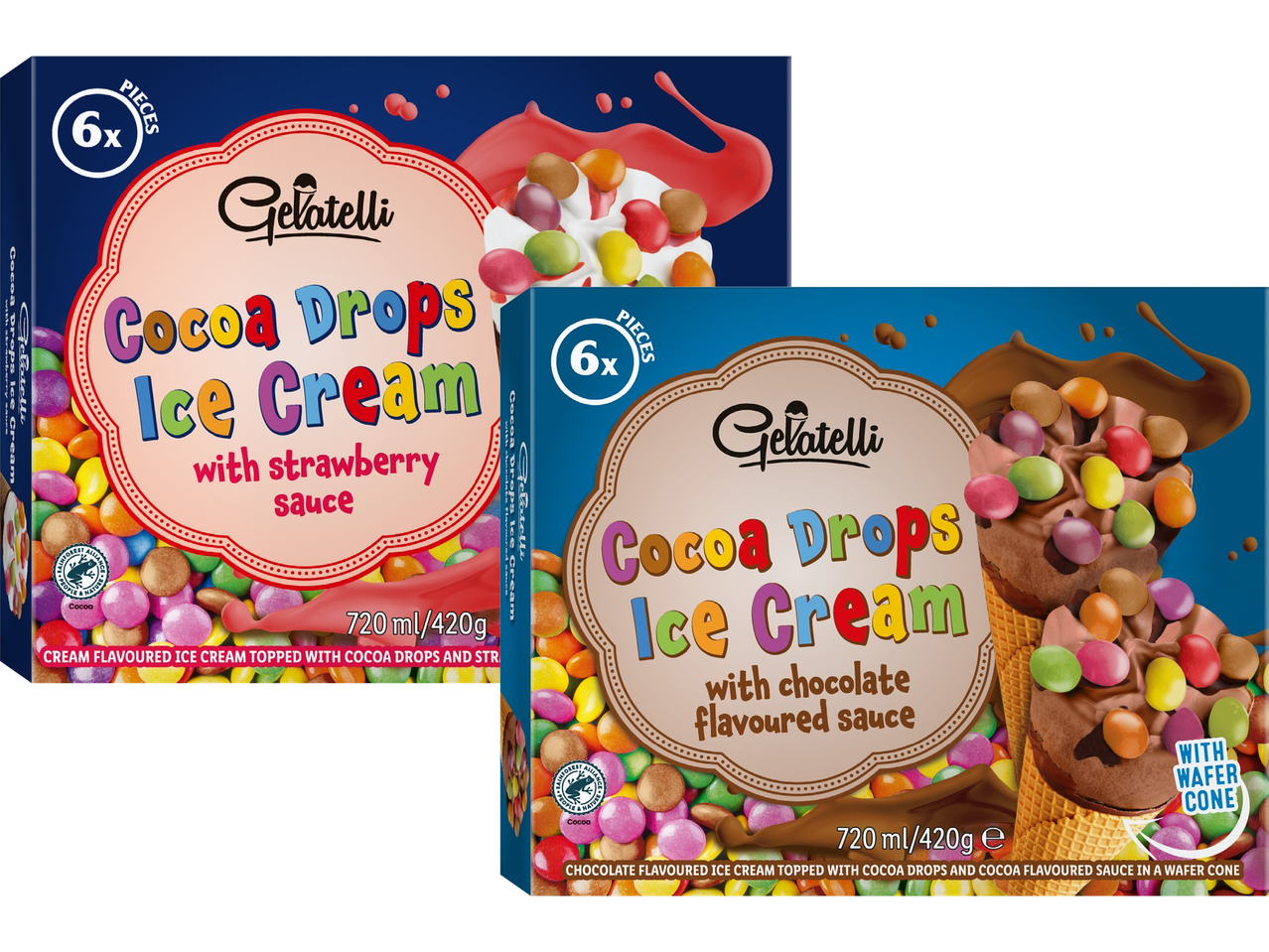 Två Gelatelli Cocoa Drops glasspaket, ett med jordgubbssås och ett med chokladsås.
