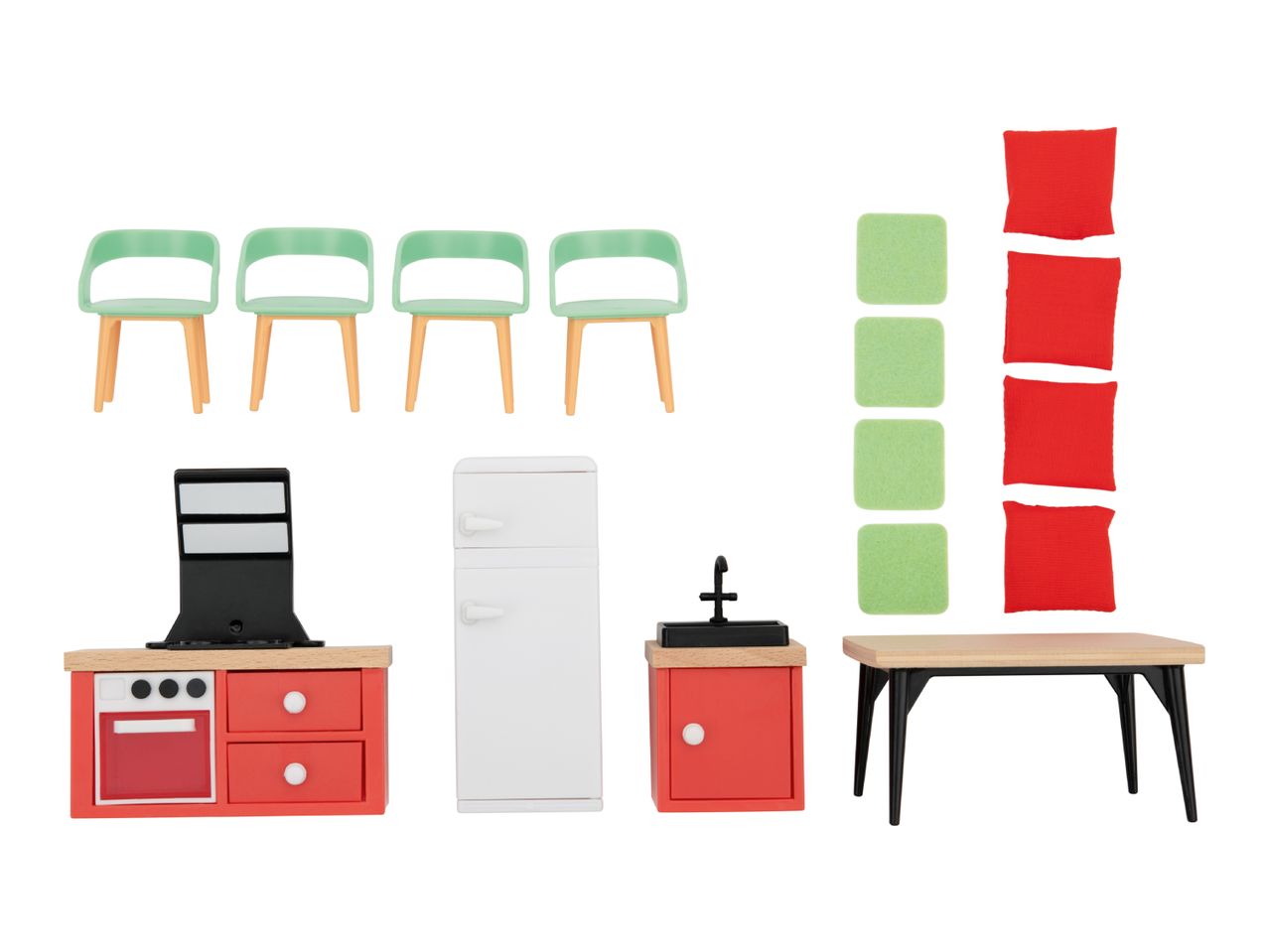 Toy kitchen set with chairs, cushions, stove, fridge, sink, and table.