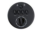 Black control panel with buttons for stop, oscillate, off, 1, 2, 3, and a rotary dial for timer settings (off, on, 40, 80, 120).