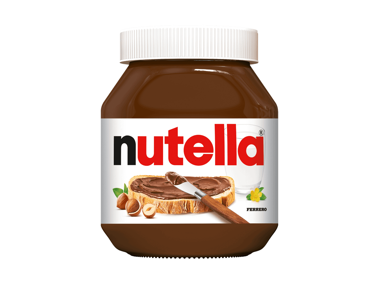 Glas mit Schokoladen-Haselnuss-Aufstrich, daneben ein Brot mit Aufstrich und ein Glas Milch.