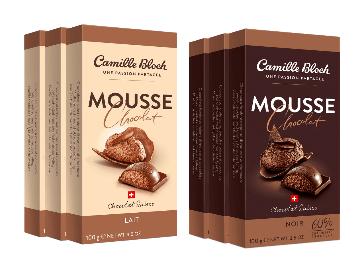 Paquets de chocolat Camille Bloch Mousse Chocolat au lait et noir.