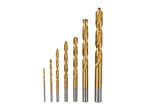 A set of seven golden drill bits of varying sizes, arranged from smallest to largest.