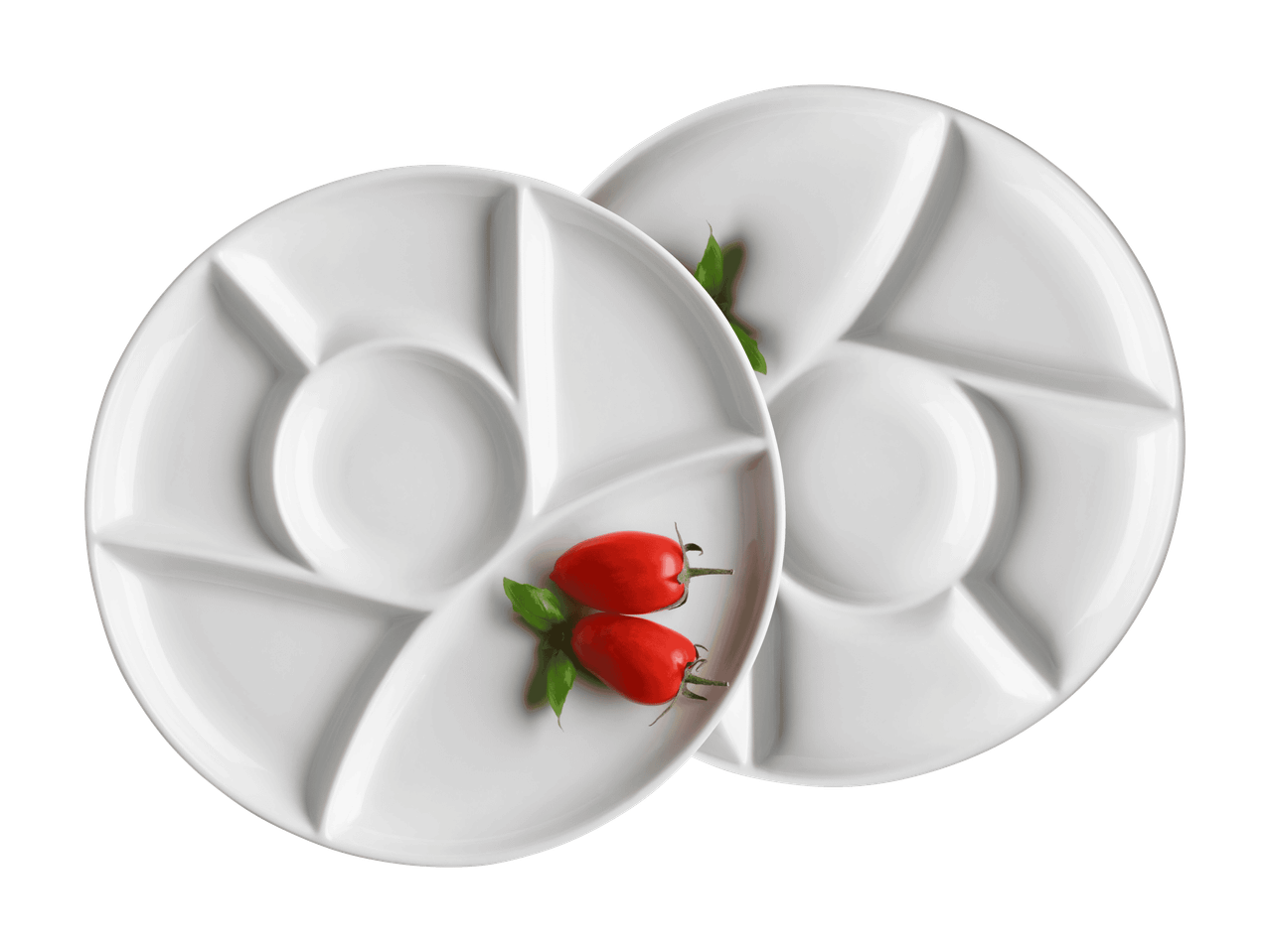 Zwei weiße Servierplatten mit Unterteilungen, dekoriert mit Kirschtomaten und Basilikumblättern.