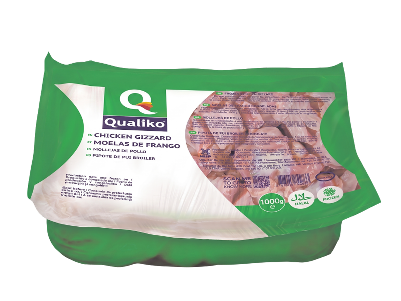 Embalagem verde de miúdos de frango congelados, com selos Halal e de 1000g.