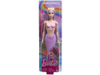 Mermaid doll with purple hair and tail, pink top, and a rainbow background.