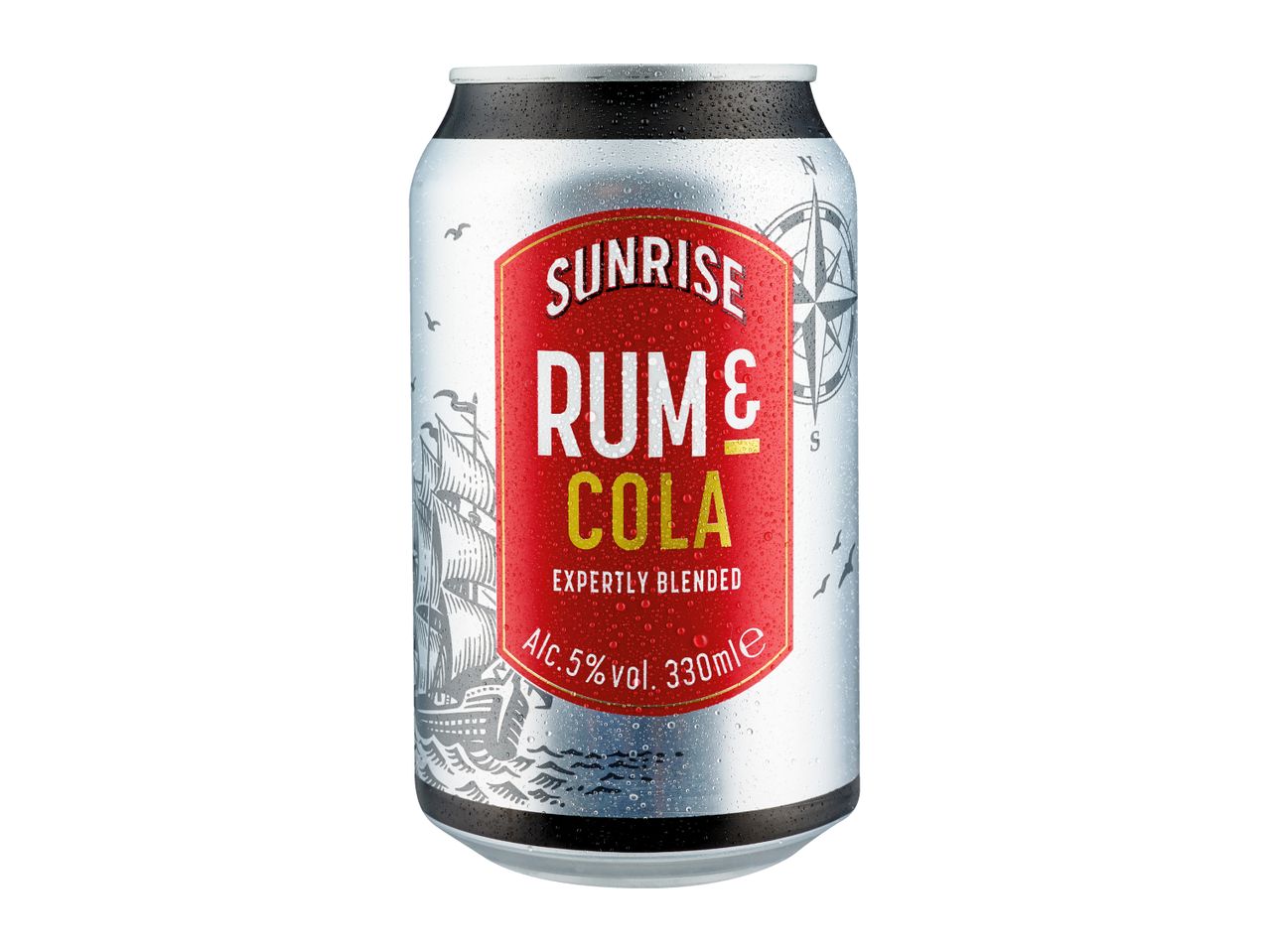 A chilled can of rum and cola with a red label, featuring a sailing ship and compass design.