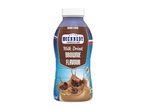Brownie flavour milk drink with brownie pieces and a splash of milk.