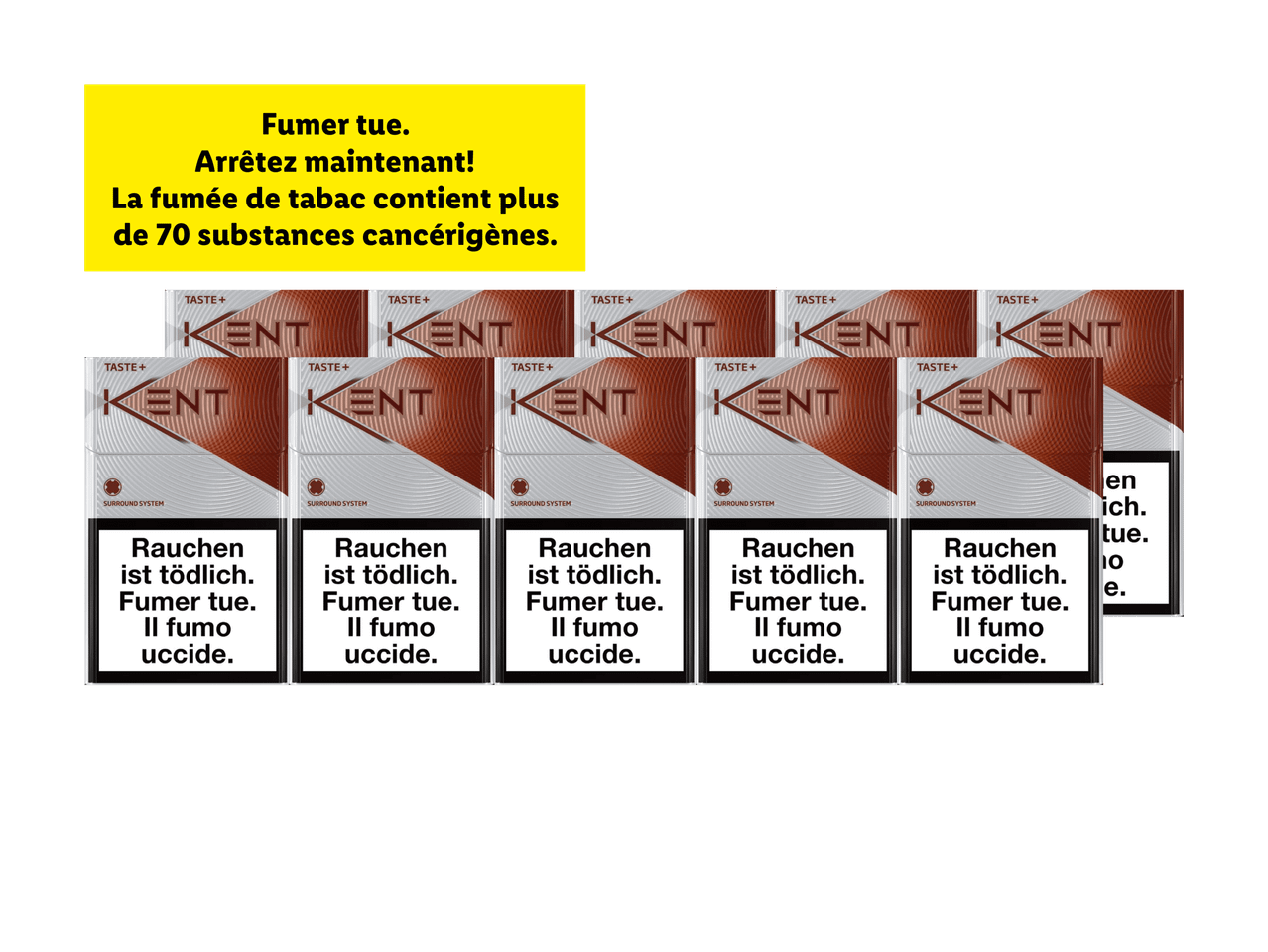 Paquets de cigarettes de marque Kent avec des avertissements en allemand, français et italien.