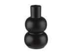 Schwarze, matte Keramikvase mit zwei bauchigen Abschnitten und einem zylindrischen Hals.