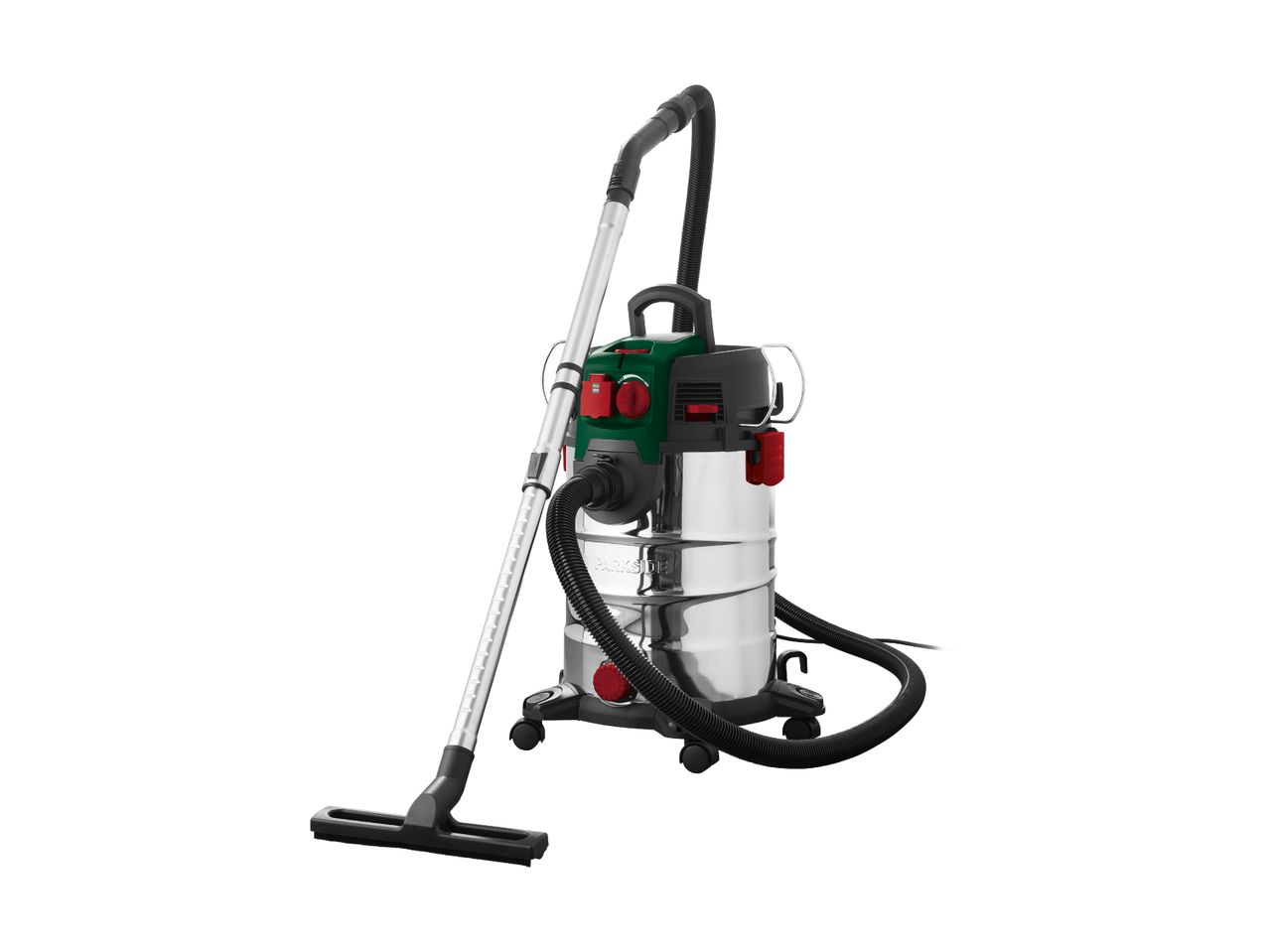 Wet and dry vacuum cleaner with a stainless steel tank and various attachments.