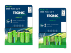 Zwei Packungen TRONIC Akku-Batterien, 1,5V, AA-Größe.