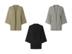 Drei Kimonos in Beige, Schwarz-Weiß und Schwarz.