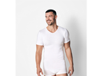 Man in a white v-neck Fine-Ribbed Undershirts and underwear.