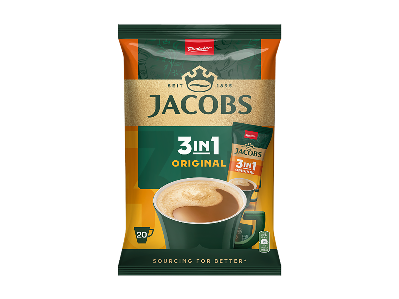 Jacobs 3in1 tirpios kavos pakuotė su puodeliu kavos ir 20 porcijų ženklinimu.