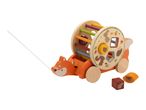 Wooden fox pull-along toy with a spinning activity drum featuring forest animals.