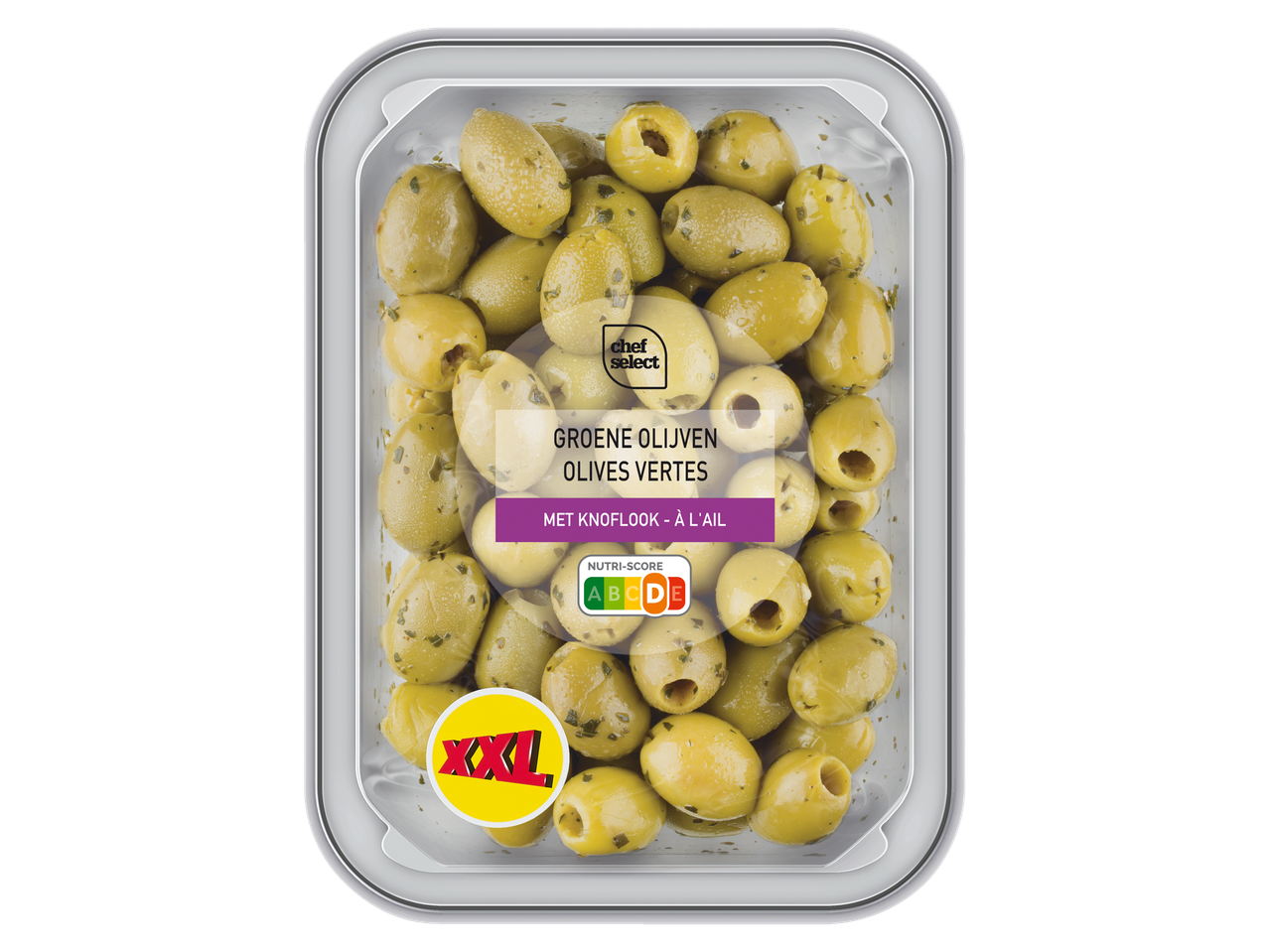 Chef Select groene olijven met knoflook, XXL formaat.