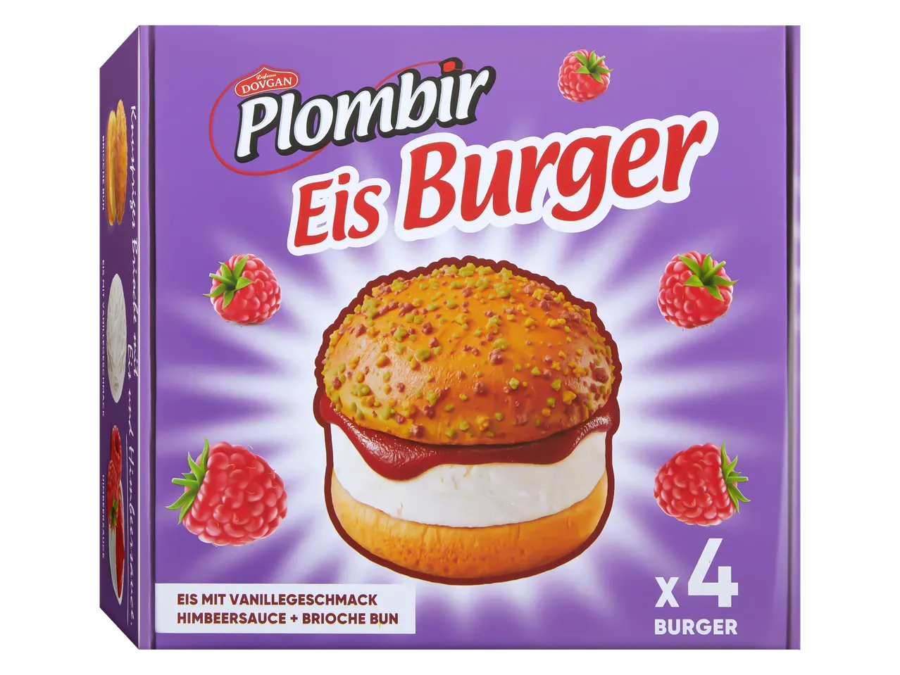 Dovgan Plombir Eis Burger: 4 vanille-ijs-hamburgers met frambozensaus en briochebroodjes.