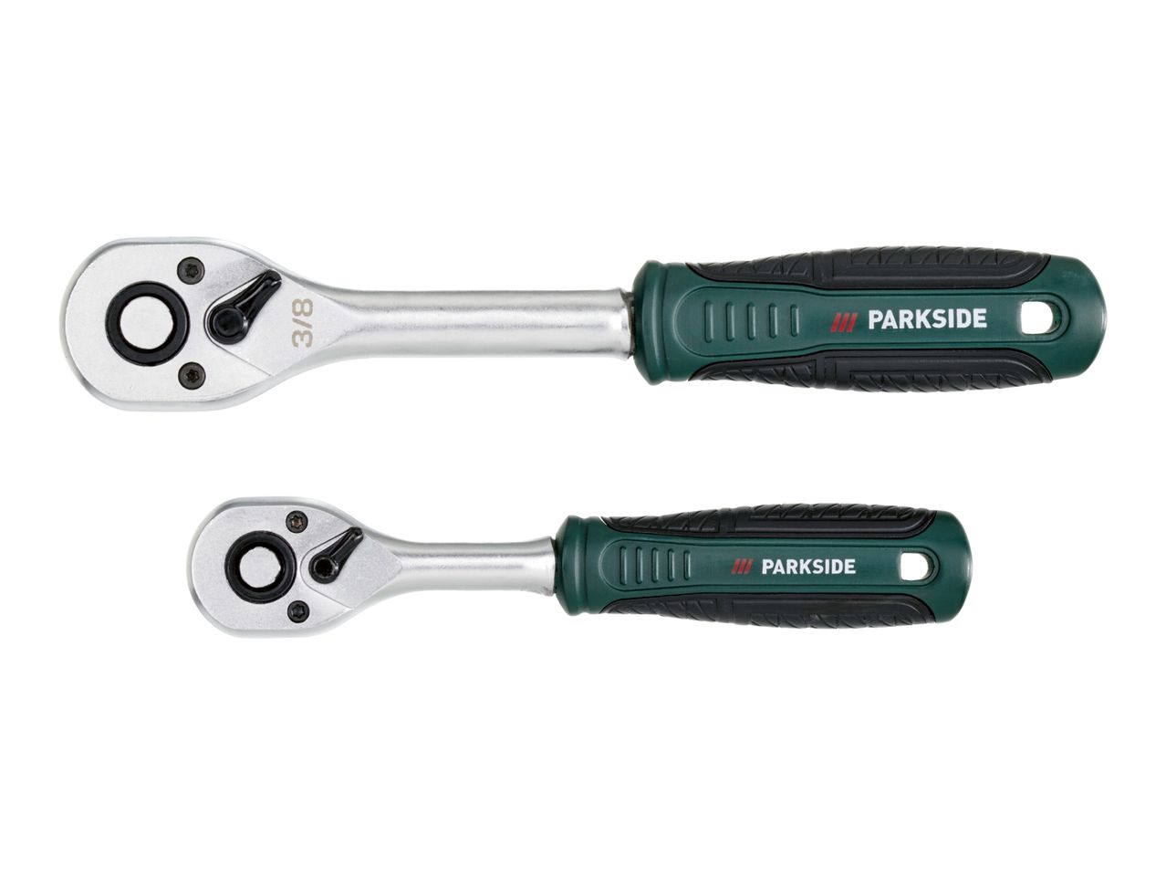 Two ratchets with green and black handles, one larger than the other, showing 3/8 marking.