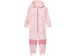 Rožinė vaikų lietpalčių kombinzonas su spalvotais taškeliais.