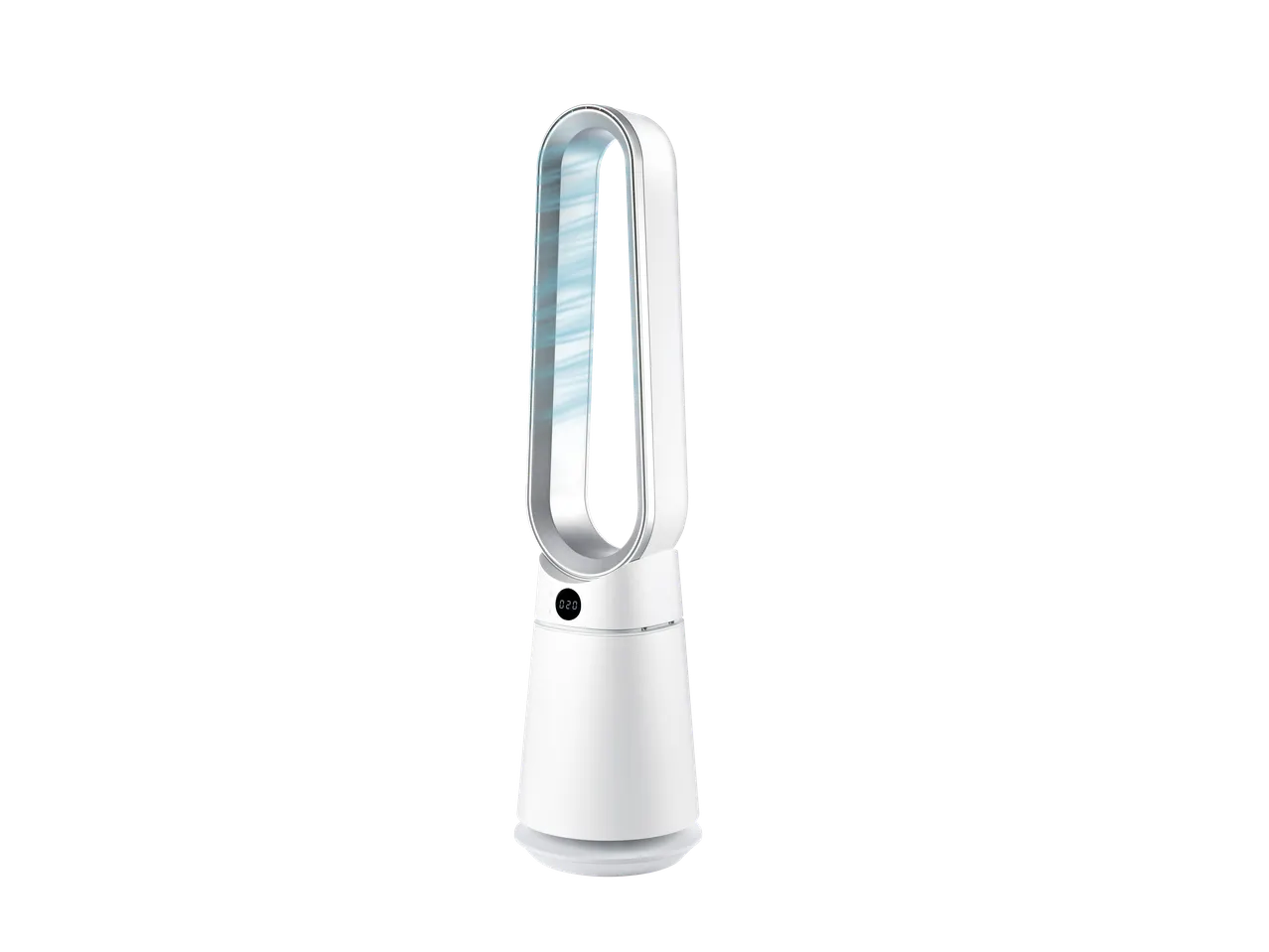 A white bladeless fan with a digital display showing '020' on a black background.