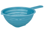 A light blue plastic colander with a handle, designed for draining food.