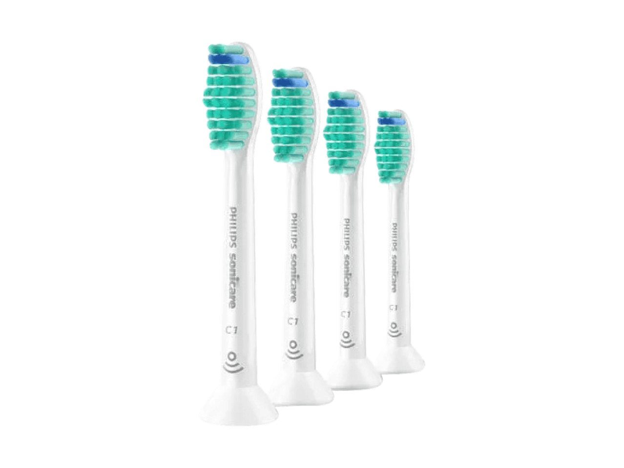 Quatre têtes de brosse à dents électriques blanches avec des poils verts et bleus, alignées.