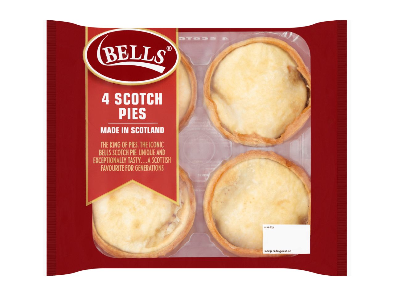 Four Scotch pies in clear packaging, with text describing them as a Scottish favourite.