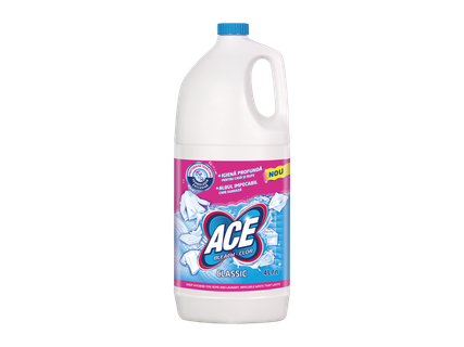 Detergent lichid alb cu capac albastru, cu etichetă roz și albastră, 4L.