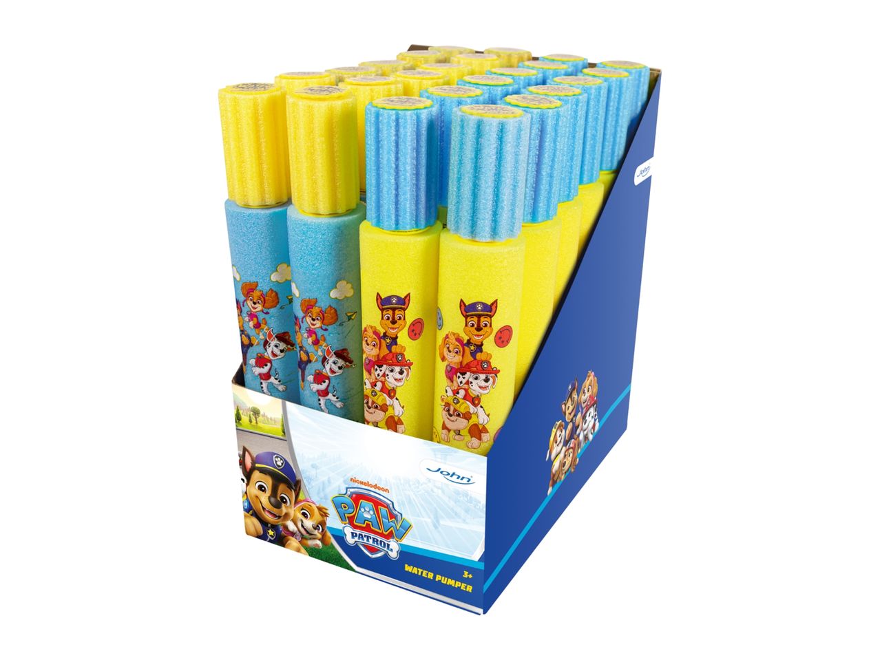 Display box of Paw Patrol themed water pumpers in blue and yellow.
