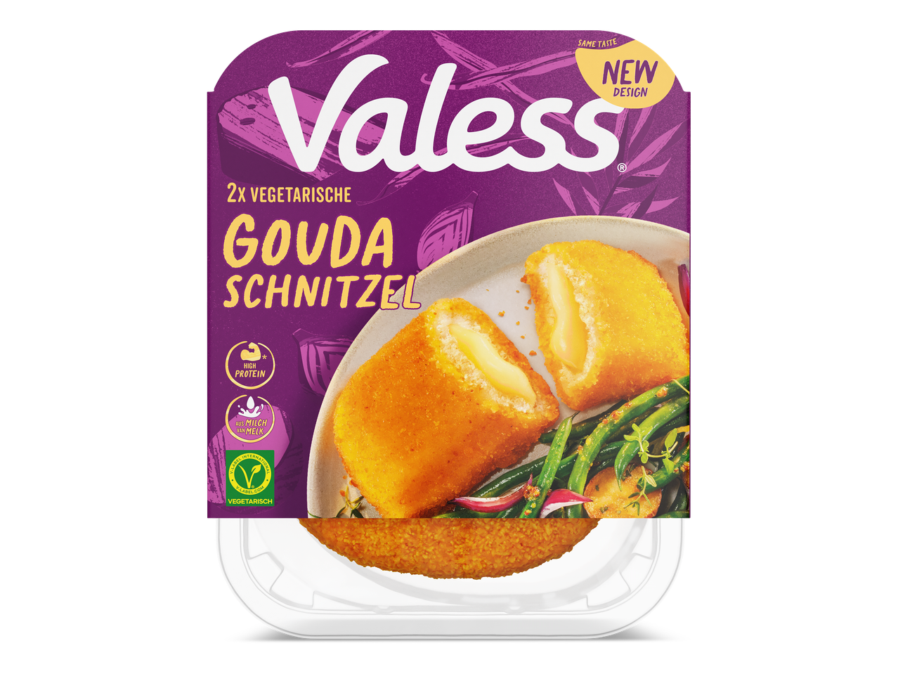 Een verpakking met twee vegetarische goudaschnitzels.