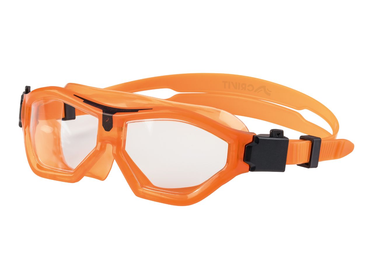 Orange swimming goggles with clear lenses and black adjustable straps.