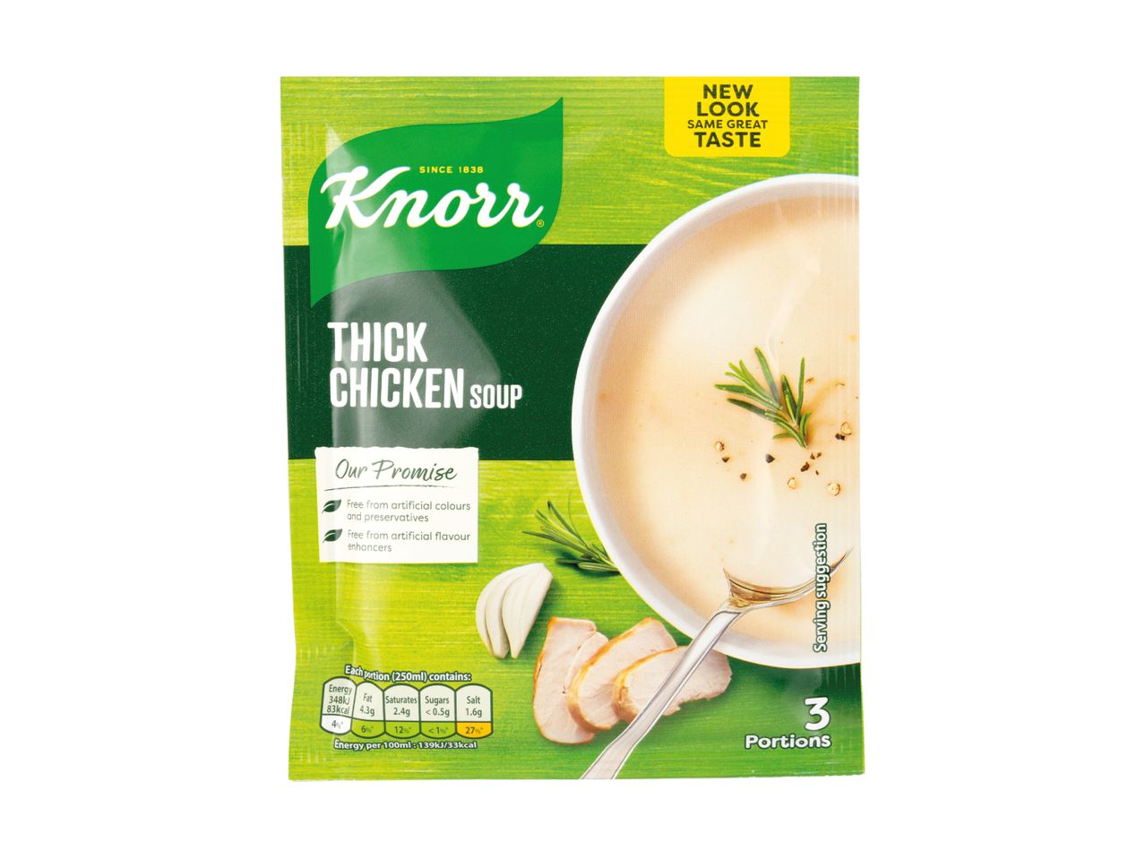 Knorr Thick Chicken Soup packet with a bowl of soup, chicken slices, and garlic.