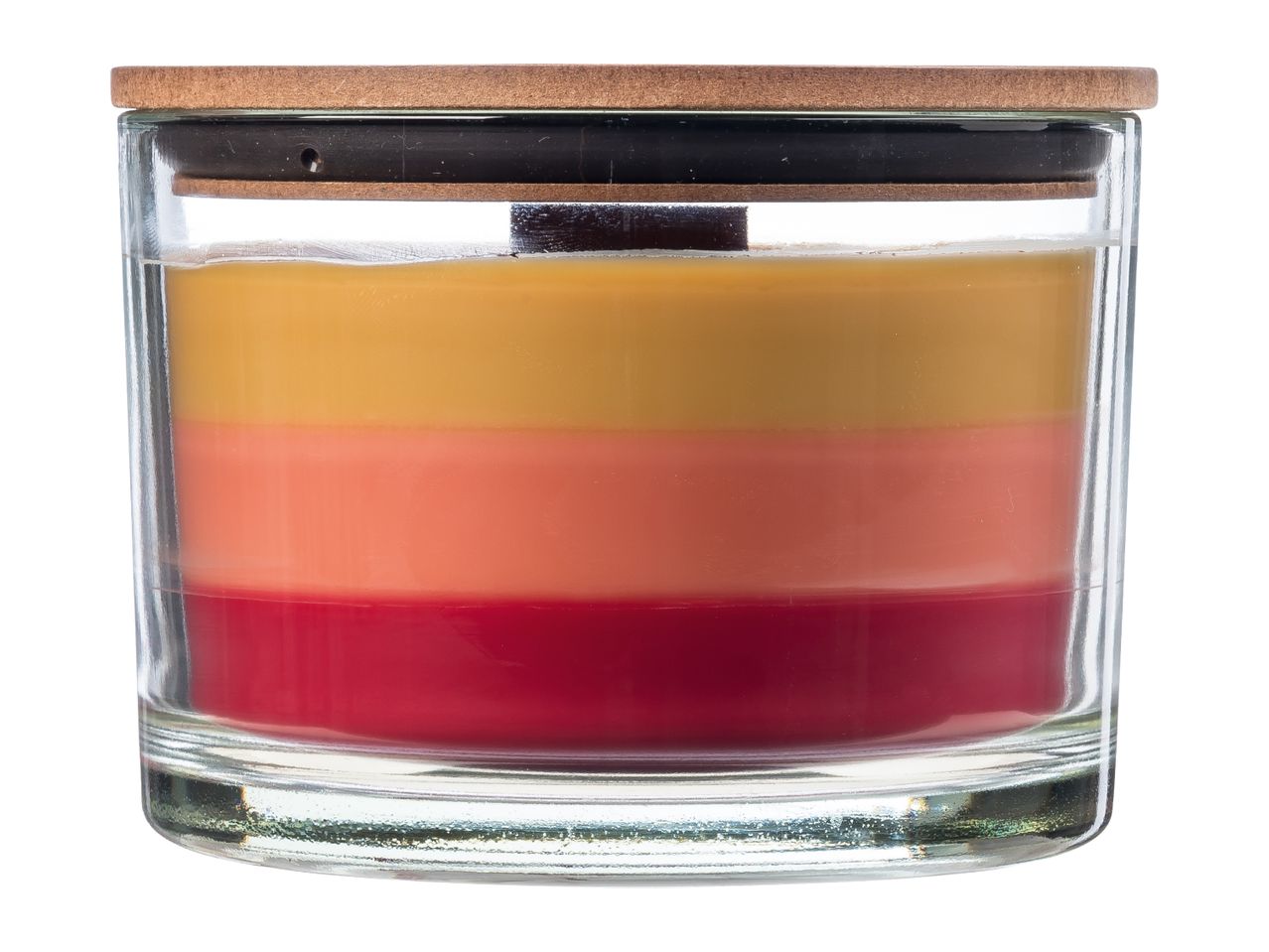 Glass jar candle with a wooden lid and three layers of colored wax