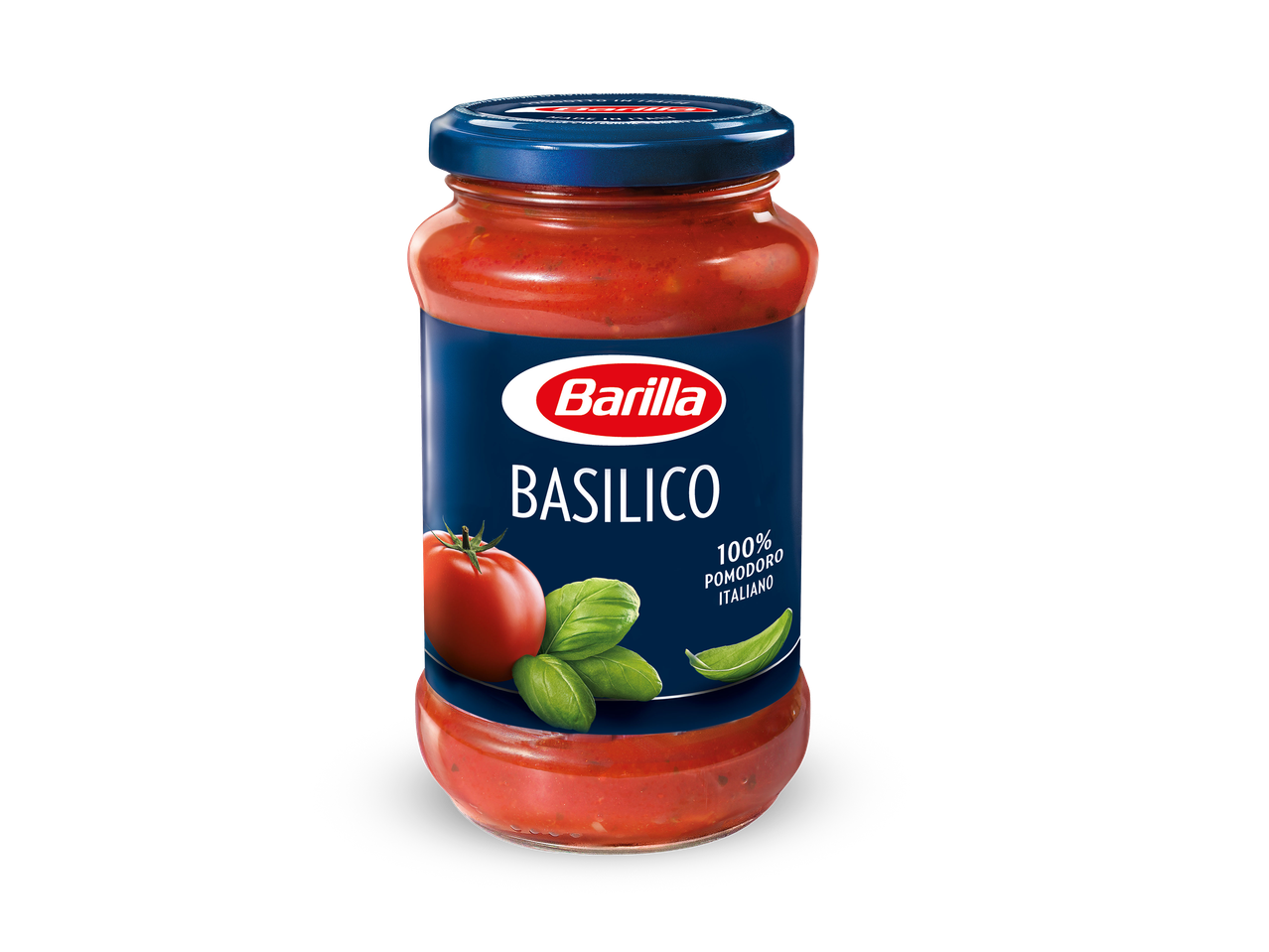 Glazen pot met tomatensaus en basilicum, met een tomaat en basilicumblaadjes op het etiket.
