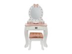 White and pink dressing table with a mirror, drawer, and matching stool with a cushion.