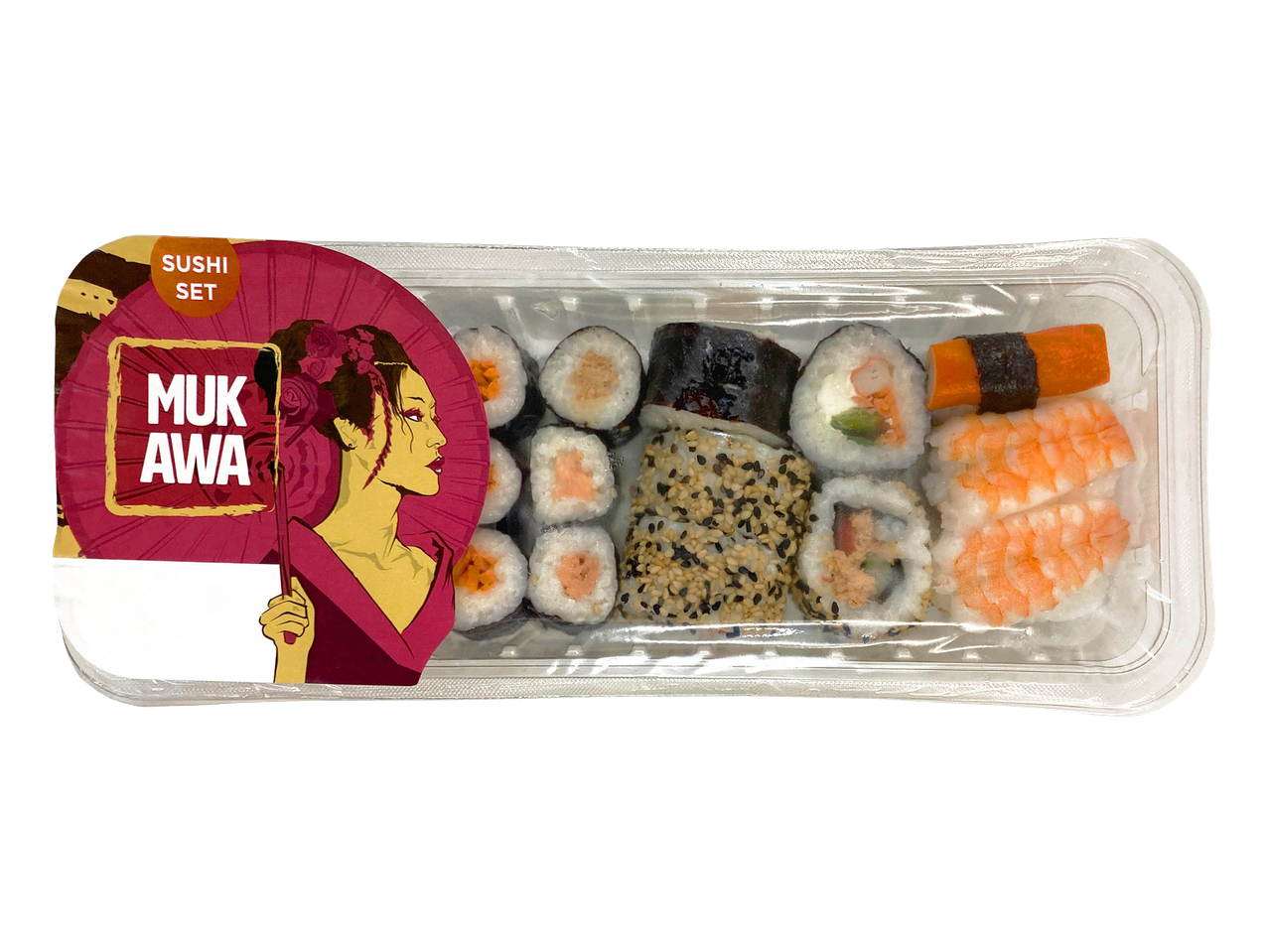 Confezione di sushi Mukinawa: maki, nigiri e uramaki assortiti.