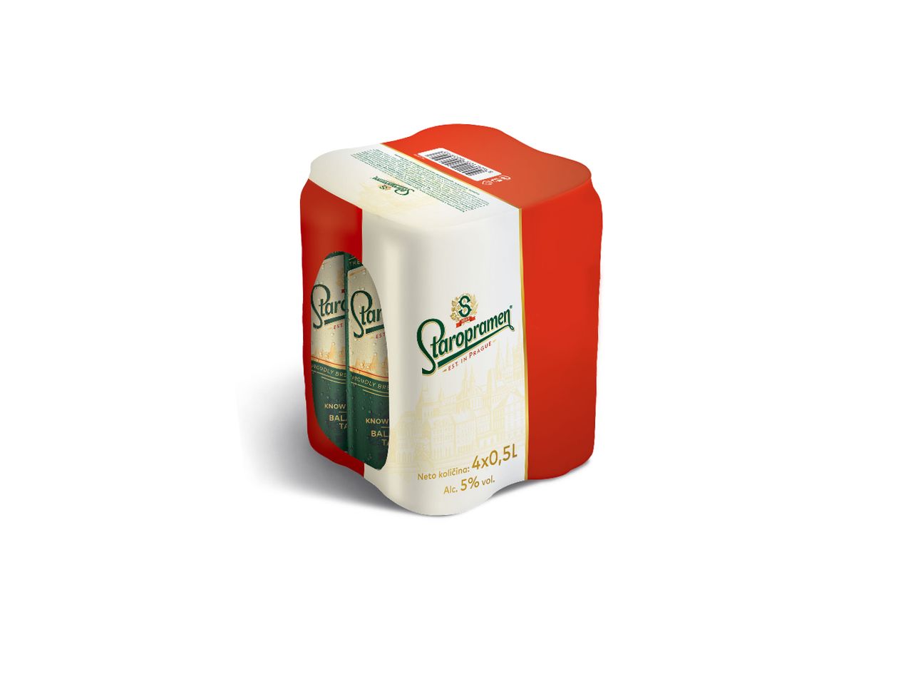 Pakovanje od četiri limenke piva Staropramen od 0,5l.