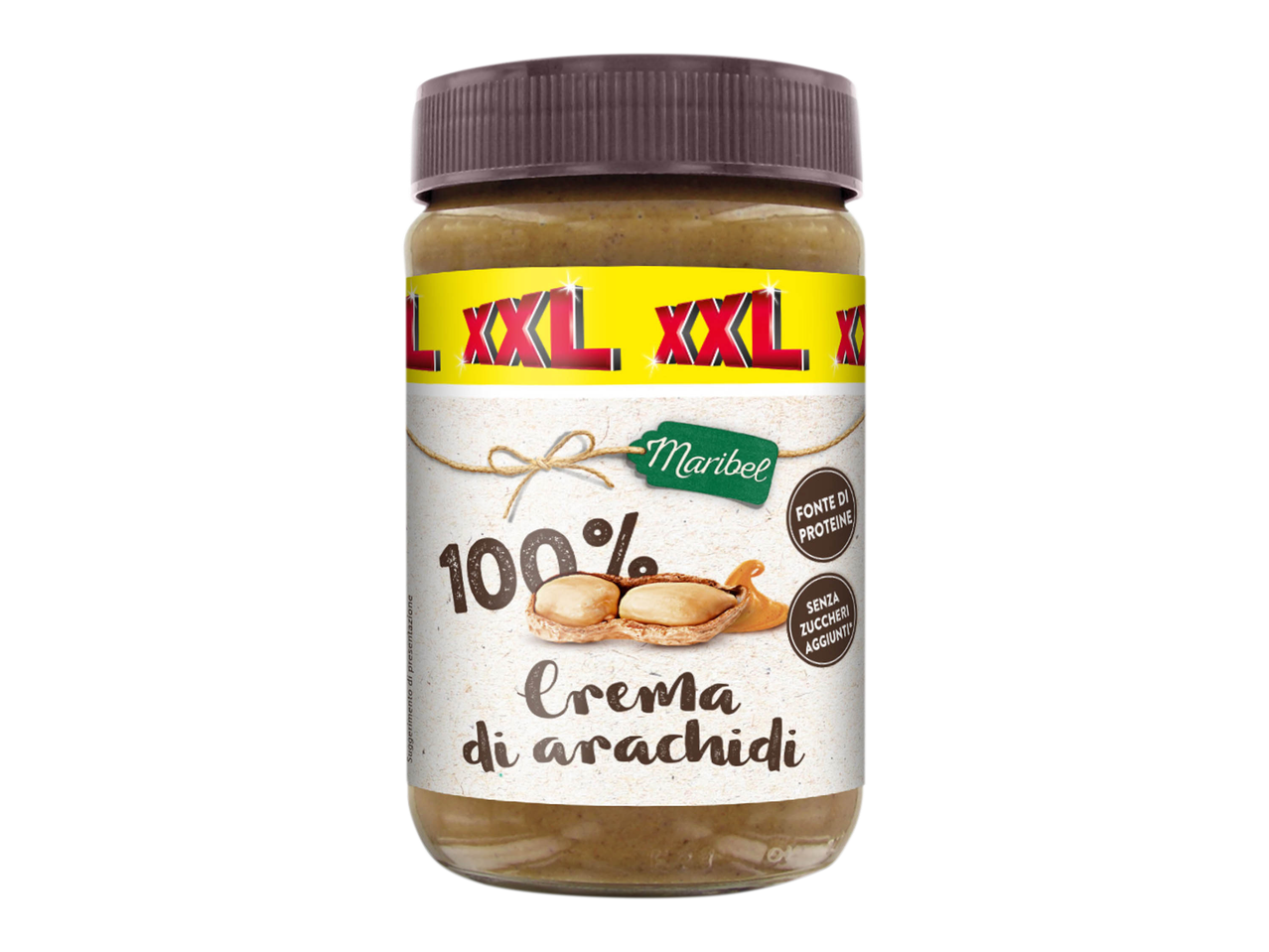Vasetto di crema di arachidi Maribel 100% XXL, fonte di proteine e senza zuccheri aggiunti.