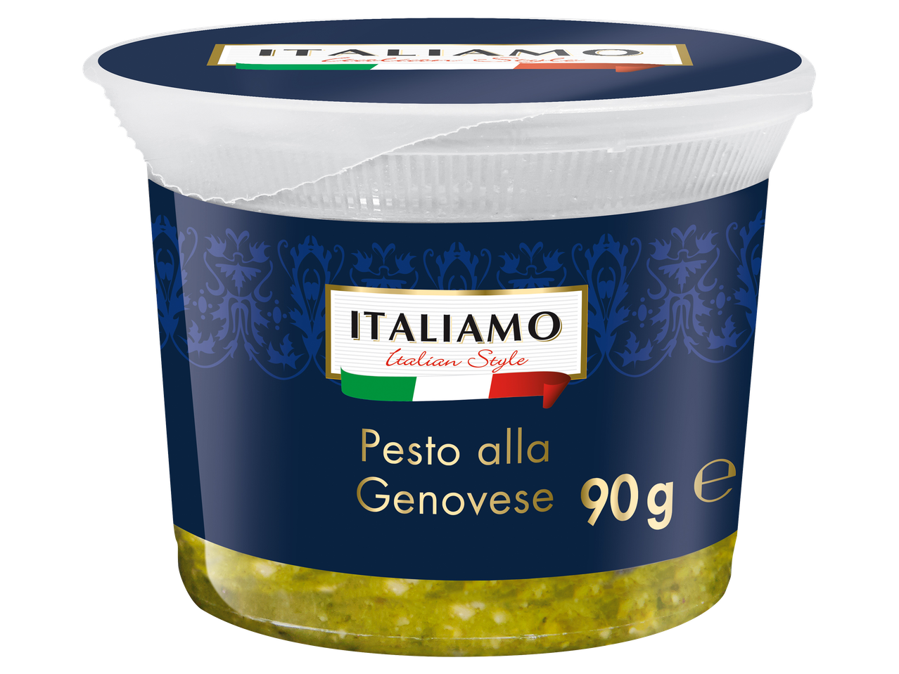 90 g-os olasz stílusú pesto alla genovese kék pohárban.