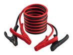 Coiled red and black car jumper cables with heavy-duty clamps on a white background.