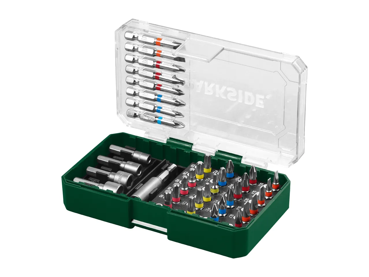 A set of screwdriver bits and nut setters in a green and clear plastic case.
