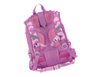 Mochila escolar rosa com estampa camuflada.