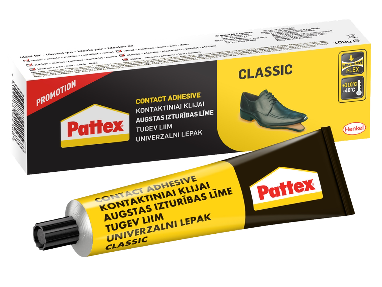 Pattex Classic kontaktslīme dažādiem materiāliem, ar elastīgu un temperatūras izturīgu formulu.
